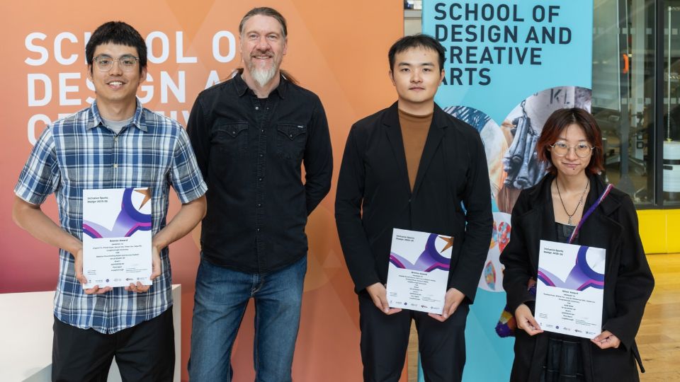 Denzel Jen, Masters student Integrated Industrial Design; Professor Russell Marshall, Acting Pro Vice-Chancellor (Education & Student Experience) and former Associate Dean for Education & Student Experience, SDCA; Shiyang Wang, Masters student Integrated Industrial Design , Ling Qi, Masters student Integrated Industrial Design.